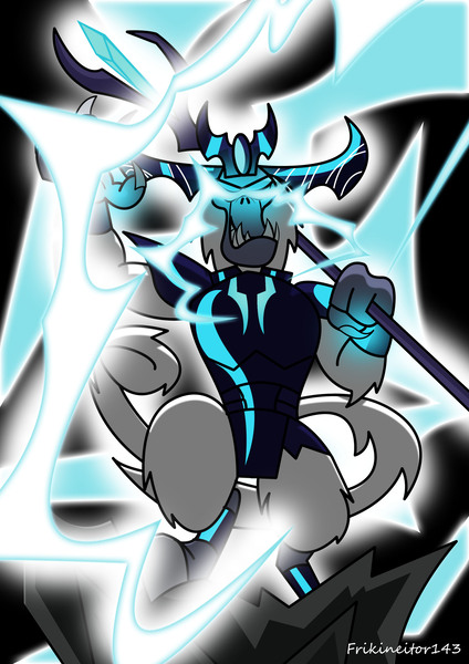 Size: 2480x3508 | Tagged: antagonist, armor, artist:frikineitor143, black background, claws, crown, derpibooru import, evil grin, fangs, glow, glowing eyes, grin, horns, jewelry, lightning, magic, my little pony: the movie, reflection, regalia, rock, safe, simple background, smiling, solo, staff, staff of sacanas, storm, storm king, storm king's emblem, tail, yeti