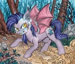 Size: 1280x1092 | Tagged: safe, artist:red-watercolor, derpibooru import, oc, oc:dawn sentry, unofficial characters only, bat pony, pony, bat wings, blood, fangs, female, forest, growling, injured, mare, solo, traditional art, watercolor painting, wings