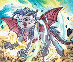 Size: 1280x1092 | Tagged: safe, artist:red-watercolor, derpibooru import, oc, oc:dawn sentry, unofficial characters only, bat pony, dragon, hybrid, pony, bat wings, blood, claws, dragon tail, fangs, female, horns, injured, mare, screaming, solo, traditional art, transformation, watercolor painting, wings