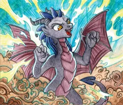 Size: 1280x1092 | Tagged: safe, artist:red-watercolor, derpibooru import, oc, oc:dawn sentry, unofficial characters only, dragon, pony, bat wings, claws, cloud, dragonified, fangs, female, forest, growling, horns, mare, solo, species swap, transformation, wings