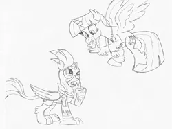 Size: 2235x1685 | Tagged: safe, artist:ejlightning007arts, derpibooru import, gallus, silverstream, classical hippogriff, gryphon, hippogriff, armor, clothes, costume, cute, diastreamies, fake cutie mark, fake horn, female, flying, gallabetes, gallstream, halloween, halloween costume, hand drawing, holiday, implied tempest shadow, implied tempestlight, implied twilight sparkle, male, nightmare night, shipping, straight, traditional art