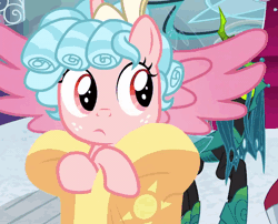 Size: 640x516 | Tagged: alicorn, alicornified, animated, centaur, changeling, changeling queen, clothes, cozybetes, cozycorn, cozy glow, cozy glow is not amused, cropped, cute, derpibooru import, female, filly, flying, former queen chrysalis, freckles, gif, horn, legion of doom, lord tirek, queen chrysalis, race swap, robe, safe, screencap, shaking, shivering, solo focus, spread wings, the ending of the end, ultimate chrysalis, unamused, wings