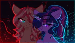 Size: 2500x1439 | Tagged: safe, artist:avrameow, derpibooru import, sci-twi, sunset shimmer, twilight sparkle, ponified, alicorn, demon, pony, unicorn, equestria girls ponified, female, glasses, hair over one eye, implied midnight sparkle, implied sunset satan, lidded eyes, looking at you, mare, ponytail, smiling, smirk, smug