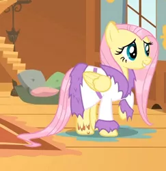 Size: 738x759 | Tagged: safe, derpibooru import, screencap, fluttershy, pony, hurricane fluttershy, bathrobe, clothes, cropped, raised hoof, robe, solo, wet, wet mane