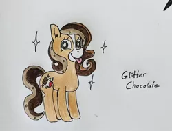 Size: 1467x1112 | Tagged: safe, artist:littlemissyxdl, derpibooru import, oc, oc:glitter chocolate, unofficial characters only, earth pony, pony, :p, female, mare, solo, tongue out, traditional art