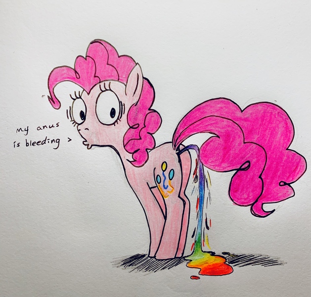 Size: 3024x2884 | Tagged: semi-grimdark, artist:littlemissyxdl, derpibooru import, pinkie pie, earth pony, pony, anal bleeding, balloonbutt, bleeding, blood, butt, female, mare, plot, rainbow blood, rejected, solo, traditional art, wide eyes