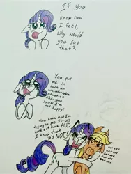 Size: 3024x4032 | Tagged: safe, artist:littlemissyxdl, derpibooru import, applejack, rarity, earth pony, pony, unicorn, annoyed, comic, crying, drama queen, female, hug, makeup, mare, marshmelodrama, rarity being rarity, running makeup, runny nose, snot, traditional art