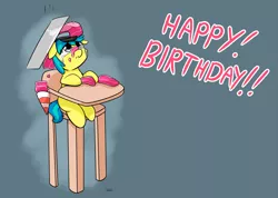 Size: 3313x2362 | Tagged: safe, artist:taurson, derpibooru import, oc, oc:runaway train, pony, accident, birthday candles, blue background, cake, crying, dropped cake, floating text, foal, food, happy birthday, highchair, ruined cake, simple background, solo