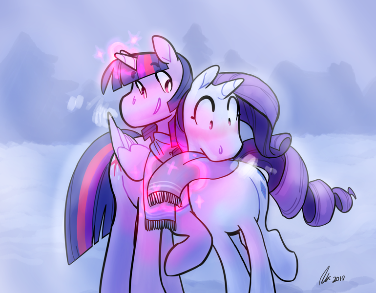 Size: 1280x997 | Tagged: safe, artist:rwl, derpibooru import, rarity, twilight sparkle, twilight sparkle (alicorn), alicorn, pony, unicorn, clothes, female, lesbian, rarilight, scarf, shared clothing, shared scarf, shipping, snow