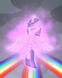 Size: 389x492 | Tagged: safe, derpibooru import, screencap, twilight sparkle, twilight sparkle (alicorn), alicorn, pony, the ending of the end, cropped, eyes closed, floating, magic, magic aura, magic of friendship, pose, rainbow of harmony, smiling, solo, spread wings, wings