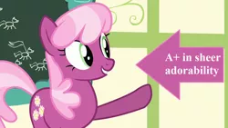 Size: 1280x720 | Tagged: safe, derpibooru import, edit, edited screencap, screencap, cheerilee, earth pony, pony, flight to the finish, a+, arrow, captain obvious, chalkboard, cheeribetes, cute, female, mare, ponyville schoolhouse, raised hoof, solo, text