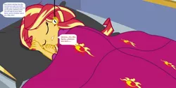 Size: 1280x644 | Tagged: safe, derpibooru import, edit, edited screencap, editor:thomasfan45, screencap, sunset shimmer, equestria girls, equestria girls series, wake up!, spoiler:eqg series (season 2), bed, blanket, clothes, cute, frayed hair, hypnosis, hypnotized, implied rarity, maid, obedience, offscreen character, pillow, pocket watch, request, rv, sleeping, solo, speech bubble, story included