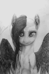 Size: 2442x3648 | Tagged: safe, artist:thatdreamerarts, derpibooru import, fluttershy, pegasus, pony, bust, female, full face view, grayscale, looking at you, mare, monochrome, portrait, solo, spread wings, stray strand, traditional art, wings