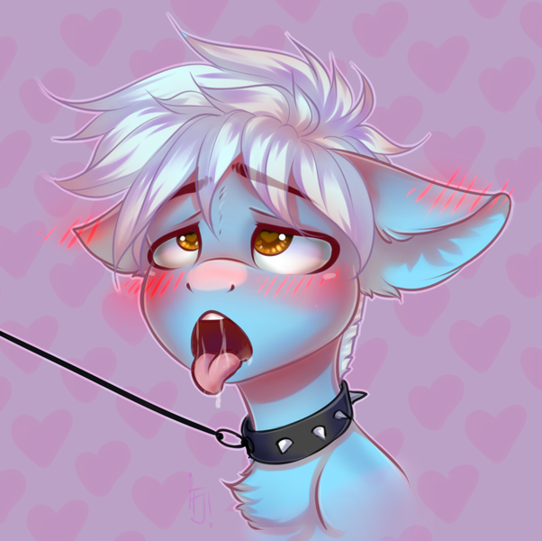 Size: 1204x1200 | Tagged: suggestive, artist:falafeljake, derpibooru import, oc, unofficial characters only, earth pony, pony, blushing, chest fluff, collar, floppy ears, heart eyes, leash, solo, spiked collar, tongue out, wingding eyes