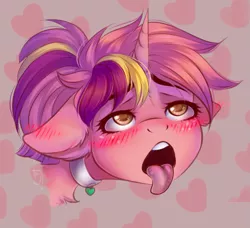 Size: 1317x1200 | Tagged: suggestive, artist:falafeljake, derpibooru import, oc, oc:dawn twinkle, unofficial characters only, pony, unicorn, blushing, collar, floppy ears, solo, tongue out