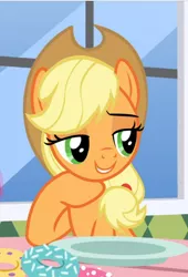 Size: 614x902 | Tagged: safe, derpibooru import, screencap, applejack, earth pony, pony, the ending of the end, cropped, donut, female, food, hoof under chin, lidded eyes, mare, raised hoof, smiling, solo, stupid sexy applejack