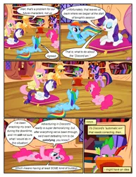 Size: 612x792 | Tagged: safe, artist:newbiespud, derpibooru import, edit, edited screencap, screencap, applejack, fluttershy, pinkie pie, rainbow dash, rarity, spike, twilight sparkle, dragon, earth pony, pegasus, pony, unicorn, comic:friendship is dragons, lesson zero, book, bookshelf, comic, dialogue, eyes closed, female, freckles, frown, golden oaks library, hat, hoof hold, implied discord, indoors, lying down, male, mane seven, mane six, mare, pillow, prone, quill, raised hoof, screencap comic, writing