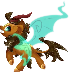 Size: 3086x3242 | Tagged: safe, artist:jennithedragon, derpibooru import, oc, oc:earthen spark, unofficial characters only, bat pony, hybrid, kirin, artificial wings, augmented, bat tag, bat tag 2019, cloven hooves, ear fluff, magic, magic wings, simple background, solo, sparkles, transparent background, wings