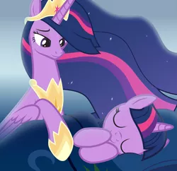 Size: 2067x2000 | Tagged: safe, artist:lightning stripe, derpibooru import, princess twilight 2.0, twilight sparkle, twilight sparkle (alicorn), alicorn, pony, unicorn, the last problem, bed, bedsheets, blue background, blue mane, crown, cute, duality, end of ponies, ethereal mane, eyelashes, horn, jewelry, long mane, mlp fim's ninth anniversary, pillow, purple eyes, regalia, self ponidox, show accurate, simple background, sleeping, smiling, time paradox, twiabetes, unicorn twilight, wings