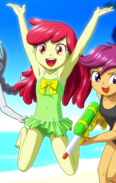 Size: 391x616 | Tagged: safe, artist:uotapo, derpibooru import, edit, editor:thomasfan45, apple bloom, scootaloo, silver spoon, human, equestria girls, adorabloom, armpits, arms in the air, bare arms, bare shoulders, barefoot, beach, clothes, cropped, cute, feet, jumping, legs, one-piece swimsuit, open mouth, sexy, solo focus, squirt gun, swimsuit