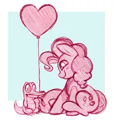 Size: 624x661 | Tagged: safe, artist:ponycide, derpibooru import, gummy, pinkie pie, earth pony, pony, abstract background, balloon, blush sticker, blushing, cute, diapinkes, duo, female, heart, heart balloon, mare, monochrome, mouth hold