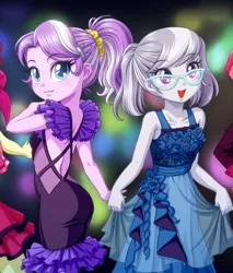 Size: 453x532 | Tagged: safe, artist:uotapo, derpibooru import, edit, editor:thomasfan45, diamond tiara, silver spoon, equestria girls, backless, bare shoulders, clothes, cropped, cute, diamondbetes, dress, duo, duo female, female, formal wear, glasses, holding hands, looking at you, open mouth, ponytail, ruffles, scrunchie, silverbetes, turned head