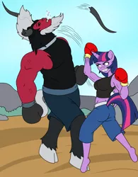 Size: 1250x1600 | Tagged: alicorn, anthro, artist:linedraweer, beard, belly punch, blood, boxing, boxing gloves, broken horn, broken teeth, clothes, comic, commission, derpibooru import, facial hair, female, fight, fighting is magic, horn, horns, lord tirek, male, mare, midriff, muscles, punch, safe, size difference, spitting, sports, sports bra, twilight sparkle, twilight sparkle (alicorn), twilight vs tirek, unguligrade anthro, uppercut, wings