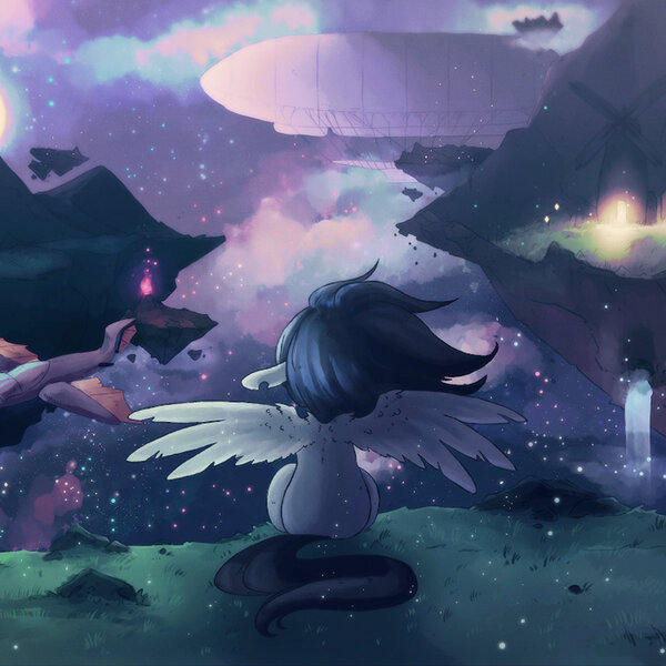 Size: 1200x1200 | Tagged: safe, artist:milkrainn, derpibooru import, oc, unofficial characters only, pegasus, pony, airship, album cover, floating island, solo, super pony world, vylet pony, waterfall, windmill