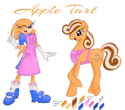 Size: 1024x901 | Tagged: safe, artist:spqr21, derpibooru import, earth pony, hybrid, pony, apron, clothes, dress, female, housewife, mare, naked apron, one eye closed, parent:applejack, parent:knuckles the echidna, raised hoof, reference sheet, shoes, simple background, stepford wife, transparent background, wink