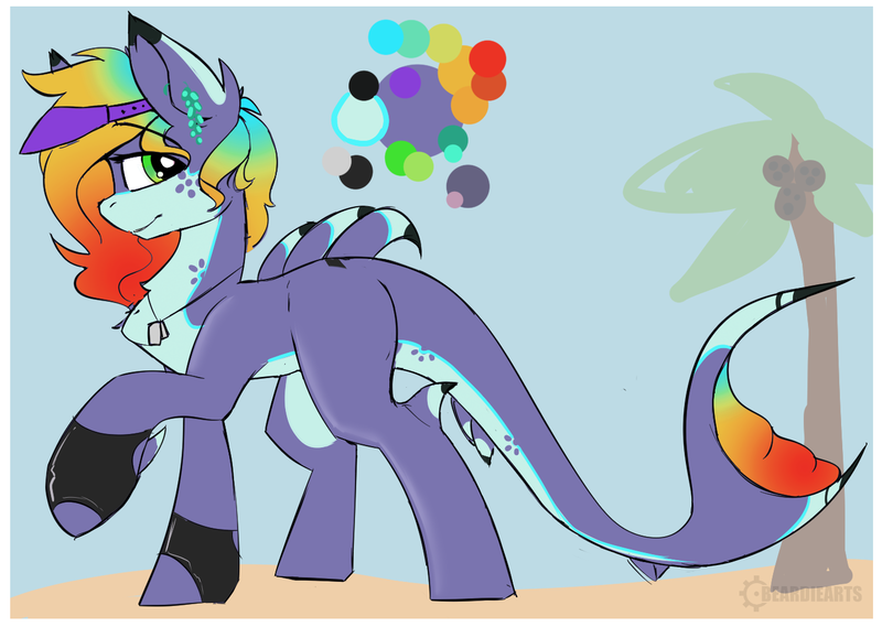 Size: 1384x985 | Tagged: artist:beardie, derpibooru import, hat, multicolored hair, oc, original species, rainbow hair, raised hoof, safe, shark, shark pony, solo, unofficial characters only