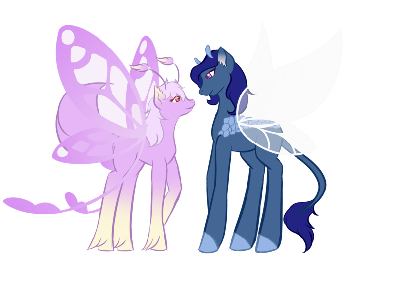 Size: 2600x1877 | Tagged: artist:swimmingwolf132, butterfly wings, colored hooves, derpibooru import, female, hybrid, male, mare, oc, oc:lilac pollen, oc:skipping stone, original species, safe, simple background, stallion, transparent background, unofficial characters only, wings