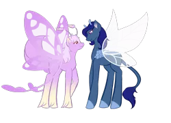 Size: 2600x1877 | Tagged: artist:swimmingwolf132, butterfly wings, colored hooves, derpibooru import, female, hybrid, male, mare, oc, oc:lilac pollen, oc:skipping stone, original species, safe, simple background, stallion, transparent background, unofficial characters only, wings