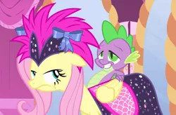 Size: 1415x930 | Tagged: safe, derpibooru import, screencap, fluttershy, spike, dragon, pegasus, pony, green isn't your color, clothes, cropped, dress, female, fluttershy is not amused, male, mare, unamused