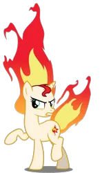 Size: 688x1162 | Tagged: safe, artist:tigerbeetle, derpibooru import, sunset shimmer, pony, unicorn, angry, burning, female, fiery mane, fiery shimmer, fire, furious, mane of fire, mane on fire, raised hoof, rapidash shimmer, shadow, shim sham, simple background, solo, transparent background