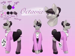 Size: 2732x2048 | Tagged: safe, alternate version, artist:blacksky1113, derpibooru import, octavia melody, earth pony, pony, icey-verse, alternate hairstyle, bowtie, cardigan, clothes, commission, ear piercing, earring, female, flats, gradient background, hair bun, heart, implied lesbian, implied scratchtavia, implied shipping, implied vinyl scratch, jewelry, mare, necklace, piercing, reference sheet, ring, shirt, shoes, skirt, socks, solo, stockings, tattoo, thigh highs, wedding ring