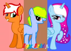 Size: 1020x740 | Tagged: safe, artist:heartpawphoenix16, derpibooru import, oc, oc:cosmo star, oc:fire torch, oc:summer sketch, unofficial characters only, alicorn, earth pony, pony, alicorn oc, base used, earth pony oc, ethereal mane, female, grin, happy birthday, horn, male, mare, raised hoof, smiling, stallion, starry mane, wings