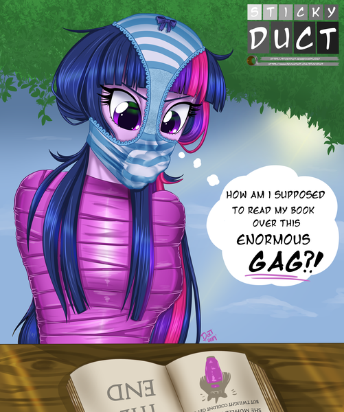 Size: 3027x3625 | Tagged: questionable, artist:stickyduct, derpibooru import, twilight sparkle, human, equestria girls, bondage, book, clothes, duct tape, female, gag, high res, looking down, mummification, mummified, panties, panties on head, panty gag, reading, solo, solo female, striped panties, striped underwear, tape, tape bondage, thought bubble, underwear