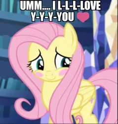 Size: 956x1000 | Tagged: safe, derpibooru import, edit, edited screencap, screencap, fluttershy, pegasus, pony, scare master, bashful, blush sticker, blushing, bronybait, caption, cropped, cute, daaaaaaaaaaaw, female, hnnng, i love you, image macro, looking away, mare, shy, shyabetes, smiling, solo, talking to viewer, text