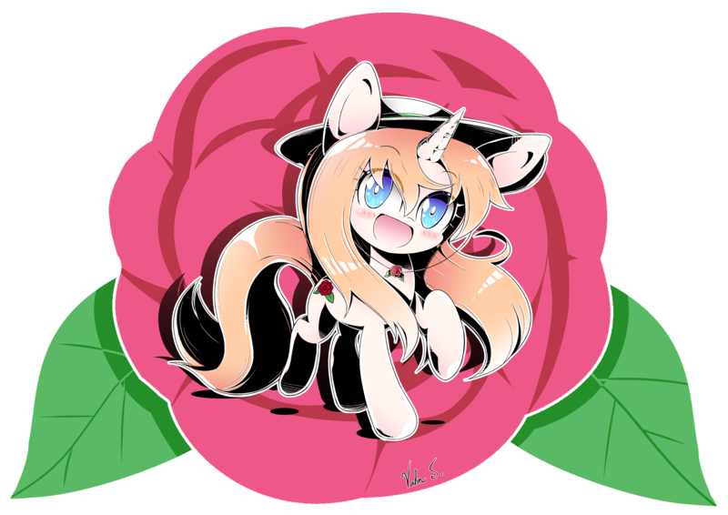 Size: 1976x1398 | Tagged: safe, artist:banzatou, derpibooru import, oc, oc:rosetta garden, unofficial characters only, pony, unicorn, cute, flower, hat, open mouth, raised hoof, rose, smiling