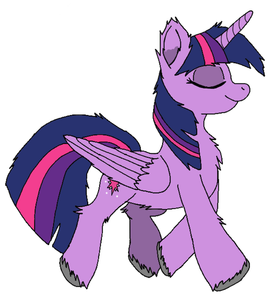 Size: 953x1024 | Tagged: safe, artist:danksailor, derpibooru import, twilight sparkle, twilight sparkle (alicorn), alicorn, pony, unicorn, chest fluff, cute, ear fluff, eyes closed, female, fluffy, mare, simple background, smiling, solo, unshorn fetlocks, walking, white background