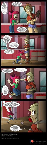 Size: 1280x3877 | Tagged: questionable, artist:niban-destikim, derpibooru import, apple bloom, applejack, equestria girls, abandoned, apple, apple gag, arm behind back, babysitting, bare midriff, barn, belly button, bondage, bound and gagged, breasts, busty applejack, cleavage, clothes, comic, comic strip, commission, converse, damsel in distress, dialogue, erect nipples, food, gag, helpless, implied scootaloo, implied sweetie belle, matches, nervous, nipple outline, onomatopoeia, patreon commission, pole tied, prank, rope, rope bondage, series, sexy, shoes, sound effects, sweat, sweet apple acres, tied, tied up, wide eyes, word balloon