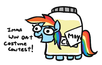 Size: 407x259 | Tagged: suggestive, artist:jargon scott, derpibooru import, rainbow dash, pegasus, pony, clothes, costume, cum, cum jar, cute, dashabetes, dialogue, female, food, jar, lewd container meme, mare, mayonnaise, not cum, pony cum jar project, sauce, silly, silly pony, simple background, solo, white background