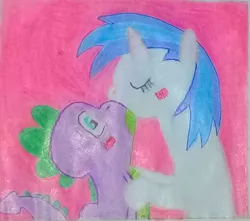 Size: 968x854 | Tagged: safe, deleted from derpibooru, derpibooru import, spike, vinyl scratch, dragon, pony, female, kissing, love, male, shipping, spikelove, straight, traditional art, vinylspike