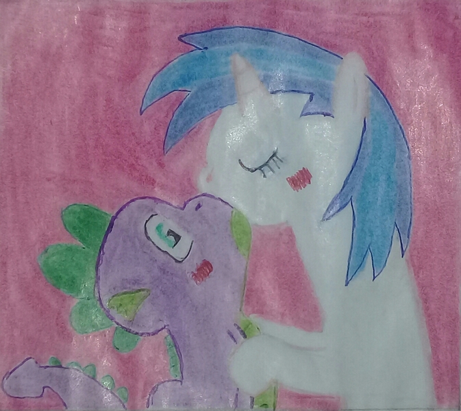 Size: 1266x1128 | Tagged: safe, derpibooru import, spike, vinyl scratch, dragon, pony, female, kissing, love, male, shipping, straight, traditional art, vinylspike