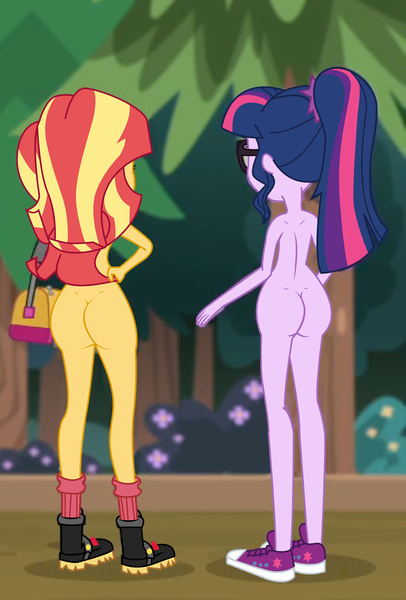 Size: 1020x1509 | Tagged: questionable, artist:marcorois, derpibooru import, edit, edited screencap, screencap, sci-twi, sunset shimmer, twilight sparkle, equestria girls, ass, bunset shimmer, butt, clothes, converse, cropped, duo, duo female, female, image, jpeg, nude edit, nudity, practitioner of naturism, shoes, shoes only, twibutt