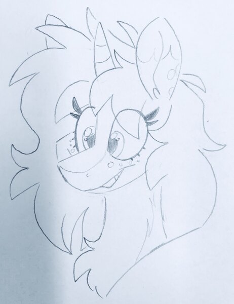 Size: 2836x3682 | Tagged: artist needed, safe, derpibooru import, oc, oc:scoops, unofficial characters only, pony, unicorn, blaze (coat marking), chest fluff, female, freckles, horn, mare, markings, monochrome, solo, traditional art, unicorn oc