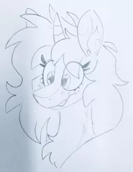 Size: 2836x3682 | Tagged: artist needed, safe, derpibooru import, oc, oc:scoops, unofficial characters only, pony, unicorn, blaze (coat marking), chest fluff, female, freckles, horn, mare, markings, monochrome, solo, traditional art, unicorn oc