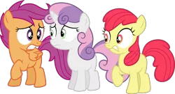 Size: 4008x2167 | Tagged: safe, artist:tourniquetmuffin, derpibooru import, edit, editor:slayerbvc, vector edit, apple bloom, scootaloo, sweetie belle, earth pony, pegasus, pony, unicorn, twilight time, accessory-less edit, cutie mark crusaders, female, filly, missing accessory, nervous, simple background, transparent background, vector