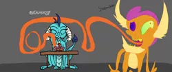 Size: 4096x1714 | Tagged: artist:metalhead97, artist:supmandude, cake, collaboration, derpibooru import, dragon, dragoness, female, food, funny, gem, gem cake, mlp fim's ninth anniversary, princess dragonlord ember, princess ember, safe, simple background, sitting, smolder, trippy, wat, what has science done