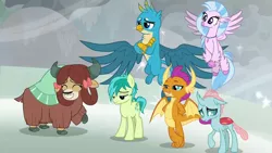 Size: 1280x720 | Tagged: safe, derpibooru import, screencap, gallus, ocellus, sandbar, silverstream, smolder, yona, changedling, changeling, classical hippogriff, dragon, earth pony, gryphon, hippogriff, pony, yak, the ending of the end, arm behind back, best friends, blizzard, bow, claws, cloven hooves, crossed arms, crossed legs, curved horn, cute, diaocelles, diastreamies, dragoness, eyes closed, female, final battle, flying, grin, hair bow, horn, horns, jewelry, lidded eyes, looking down, male, monkey swings, necklace, pearl necklace, raised hoof, smiling, smugder, snow, snowfall, spread wings, student six, talons, teenaged dragon, teenager, unshorn fetlocks, wings